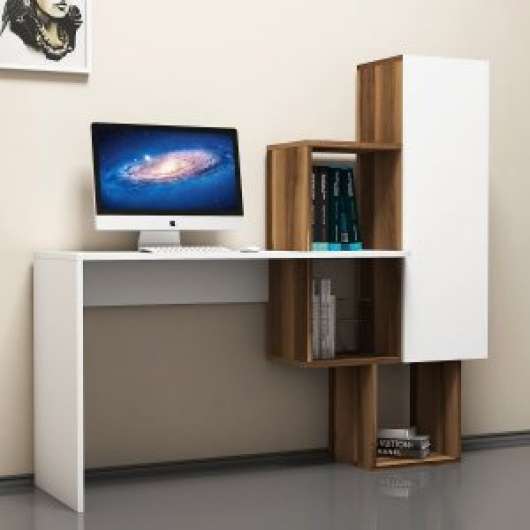 Ace skrivbord 145x45 cm - Valnöt/vit - Skrivbord med hyllor | lådor
