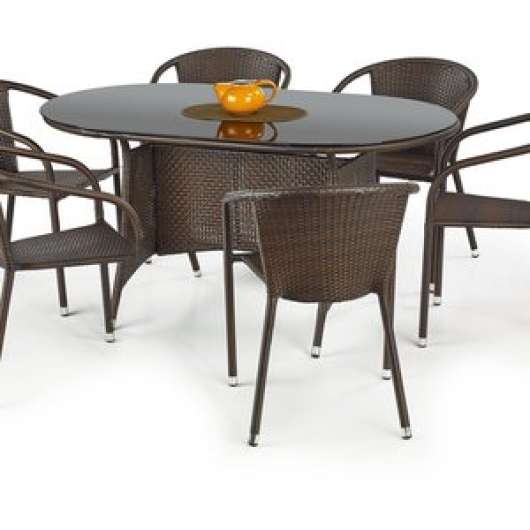 Benin matbord 150 cm - Mörkbrun konstrotting + Möbelvård för plastrotting - Utematbord