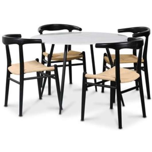 Berit matgrupp, 110 cm runt bord + 4 st Berit stolar svarta / repsits - Matgrupper