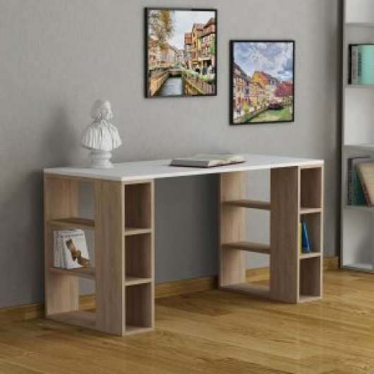 Colmar skrivbord 140x60 cm - Vit/ek - Skrivbord med hyllor | lådor, Skrivbord, Kontorsmöbler