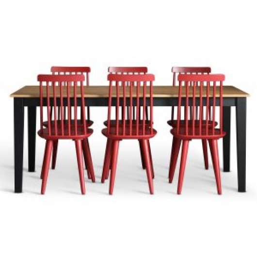 Dalsland matgrupp: Matbord i svart / ek med 6 st röda pinnstolar - Matgrupper