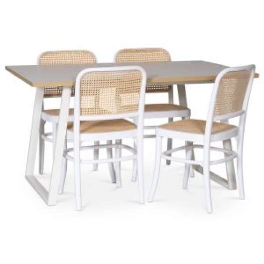 Edge matgrupp Matbord i vit HPL 140x90 cm med 4 st vita Tyko stolar med rotting - Matgrupper