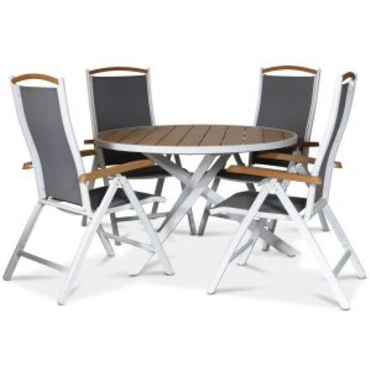 Matgrupp Ekenäs, runt matbord med 4 positionsstolar - Vit / Aintwood - Utematgrupper, Utemöbelgrupper, Utemöbler