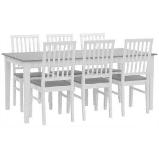 Matgrupp: Fårö matbord 180x90 cm med 6 st Fårö stolar - vit/grå