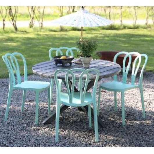 Matgrupp Scottsdale: Runt grått träbord inklusive 4 st Bally stapelbara stolar