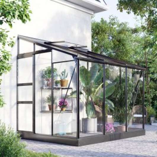 Väggväxthus Nimas 4,8 m² - svart - härdat glas + Växthusbord